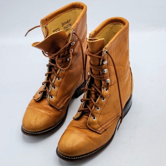 Laredo Vintage Y2K Leather Lace-up Ropes Boots In Light Brown Size 6 M - Picture 5 of 16